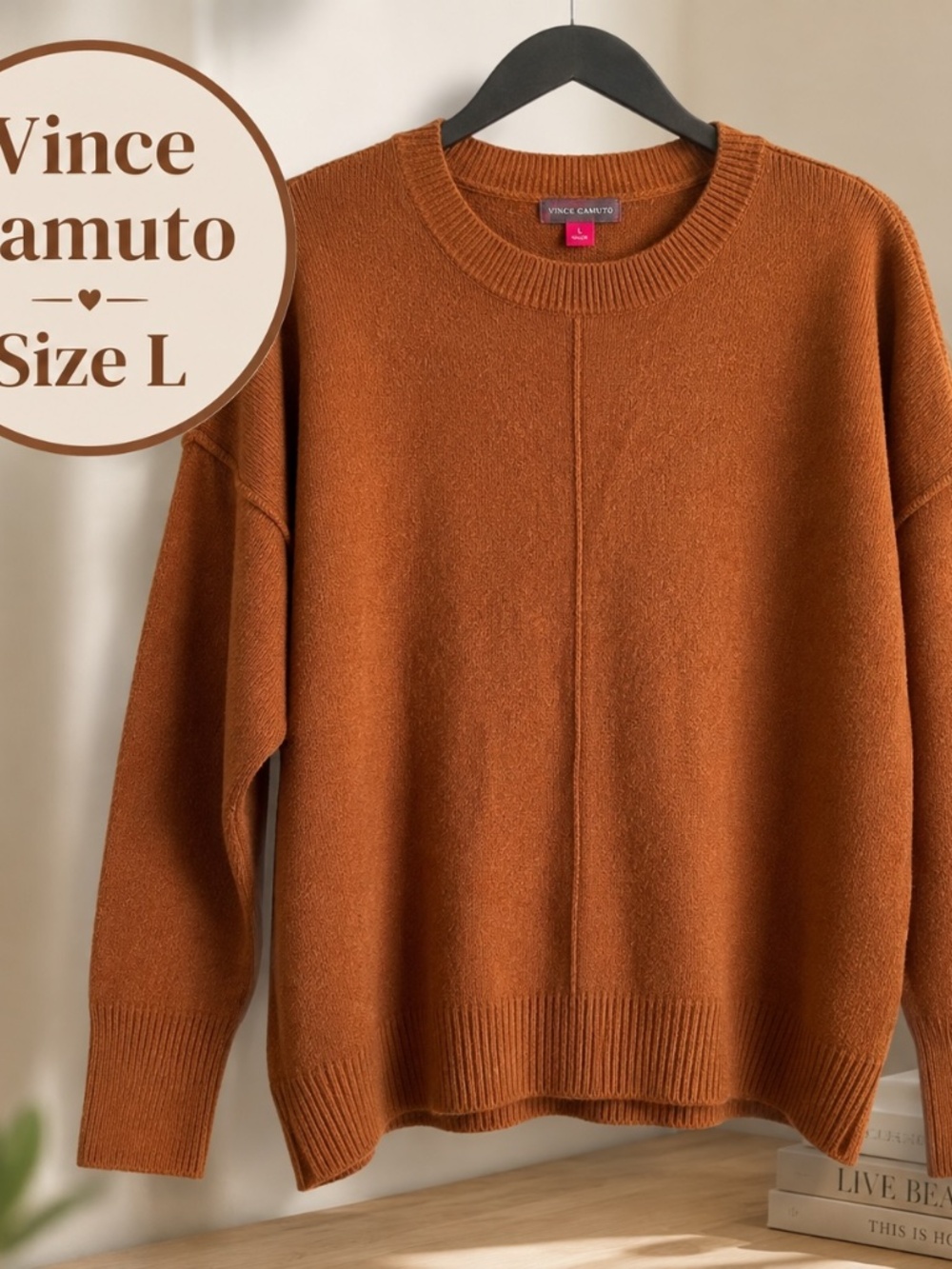 Size L Vince Camuto Women’s Rust Brown Oversized Crewneck Knit Sweater